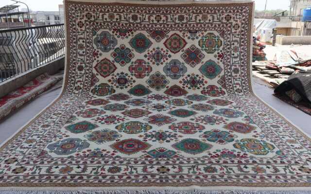 Beige 10x13 Kazak Area Rug, Afghan Hand Knotted Wool Rugs For Living Room, Bedroom Dining Table Rug, Caucasian Design Oriental Rug - image 1