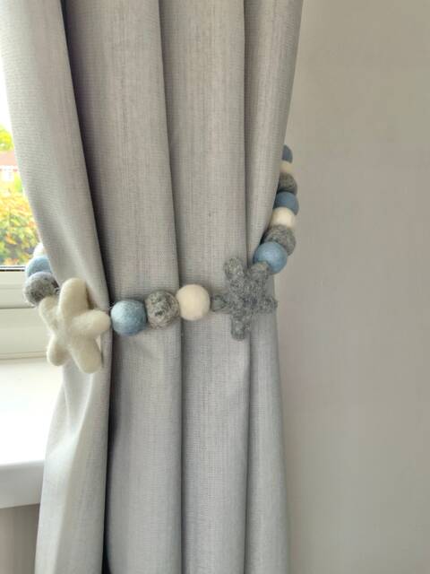 Felt Star Curtain Tie Back Blue, Grey Nursery Decor - image 1