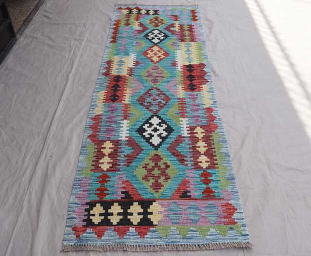 2'9x8'2 Ft Afghan Runner Rug, Modern Geometric Kilim Handmade Natural Veg Dyes Wool Boho Flatweave Hallway Carpet - image 1