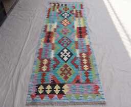 2'9x8'2 Ft Afghan Runner Rug, Modern Geometric Kilim Handmade Natural Veg Dyes Wool Boho Flatweave Hallway Carpet - thumbnail 1