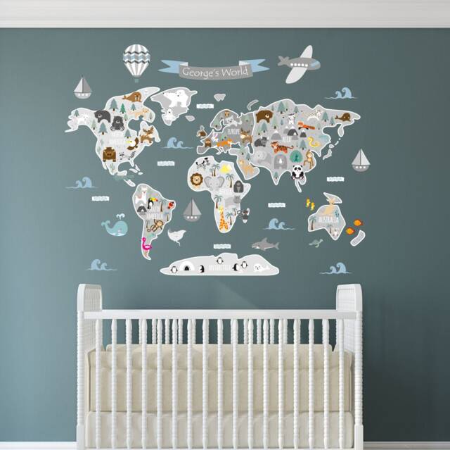 Personalized Kids World Map Wall Decals Jungle Animals Nursery Decor - image 1