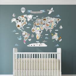 Personalized Kids World Map Wall Decals Jungle Animals Nursery Decor - thumbnail 1