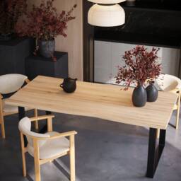 Live Edge Solid Oak Dining Table With Steel Frame Square Legs - Hardwood Industrial Rustic Kitchen 037 - thumbnail 1