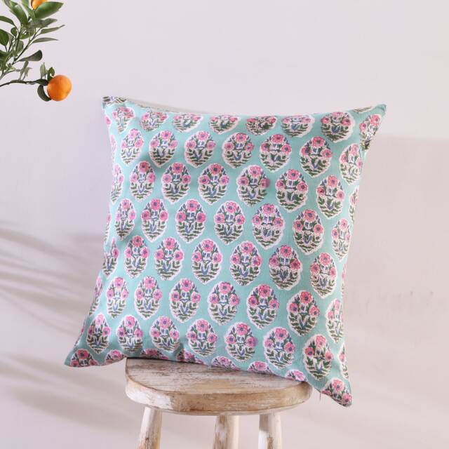 Handmade Block Printed Cotton Cushion Cover Turquoise Blue Floral - 18x18 - image 1