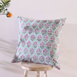 Handmade Block Printed Cotton Cushion Cover Turquoise Blue Floral - 18x18