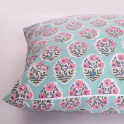 Handmade Block Printed Cotton Cushion Cover Turquoise Blue Floral - 18x18 - thumbnail 2
