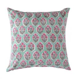 Handmade Block Printed Cotton Cushion Cover Turquoise Blue Floral - 18x18 - thumbnail 3