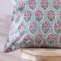Handmade Block Printed Cotton Cushion Cover Turquoise Blue Floral - 18x18 - thumbnail 4
