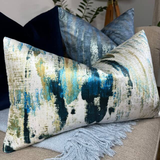 Abstract Pillow Cover, Decorative Cushion Velvet - Polyester Fabric, Lagoon Teal White Ochre, Rectangle Case, Double Sided - image 1