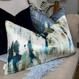Abstract Pillow Cover, Decorative Cushion Velvet - Polyester Fabric, Lagoon Teal White Ochre, Rectangle Case, Double Sided - thumbnail 4