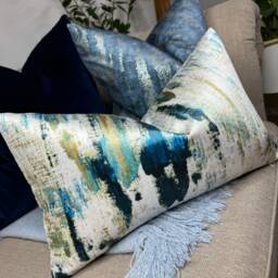 Abstract Pillow Cover, Decorative Cushion Velvet - Polyester Fabric, Lagoon Teal White Ochre, Rectangle Case, Double Sided - thumbnail 2
