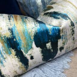 Abstract Pillow Cover, Decorative Cushion Velvet - Polyester Fabric, Lagoon Teal White Ochre, Rectangle Case, Double Sided - thumbnail 3