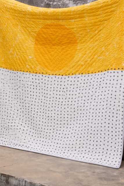 King Size Cotton Voile Quilt Reversible Block Printed Bedspread, Yellow Bedding - image 1