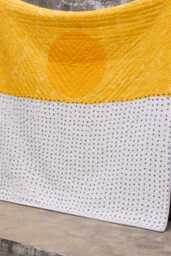 King Size Cotton Voile Quilt Reversible Block Printed Bedspread, Yellow Bedding
