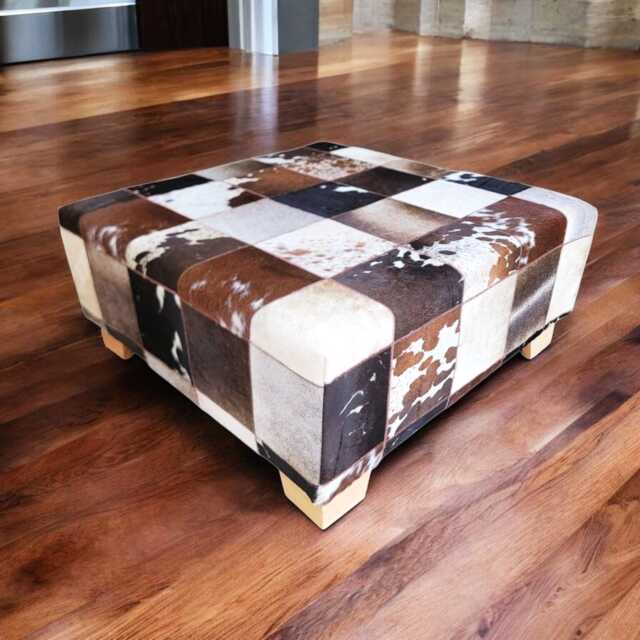 Mixed Patchwork Cowhide Ottoman Coffee Table, Can Be Used As A Pouffe Or Foot Stool - image 1