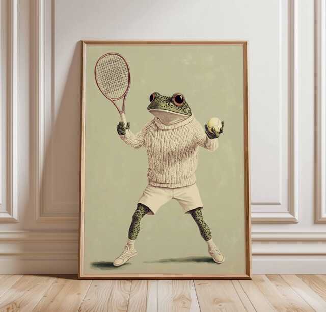 Funny Frog Tennis Poster, Whimsical Amphibian Wall Art Print in Sportswear, Animal Playing Decor, Quirky Sports Illustration - image 1