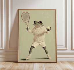 Funny Frog Tennis Poster, Whimsical Amphibian Wall Art Print in Sportswear, Animal Playing Decor, Quirky Sports Illustration - thumbnail 1