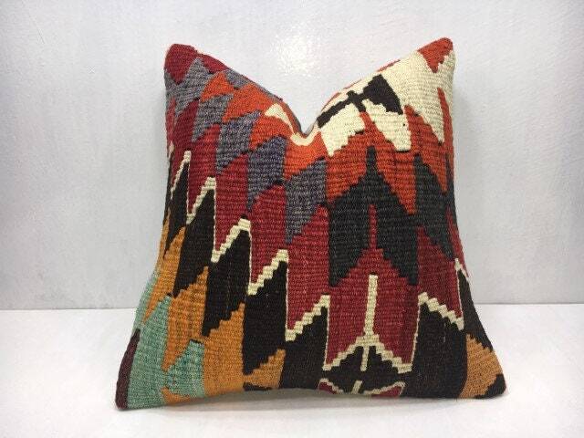 Vintage Handwoven Kilim Pillow, Bohemian Accent, Turkish Home Decor - 16x16 - image 1