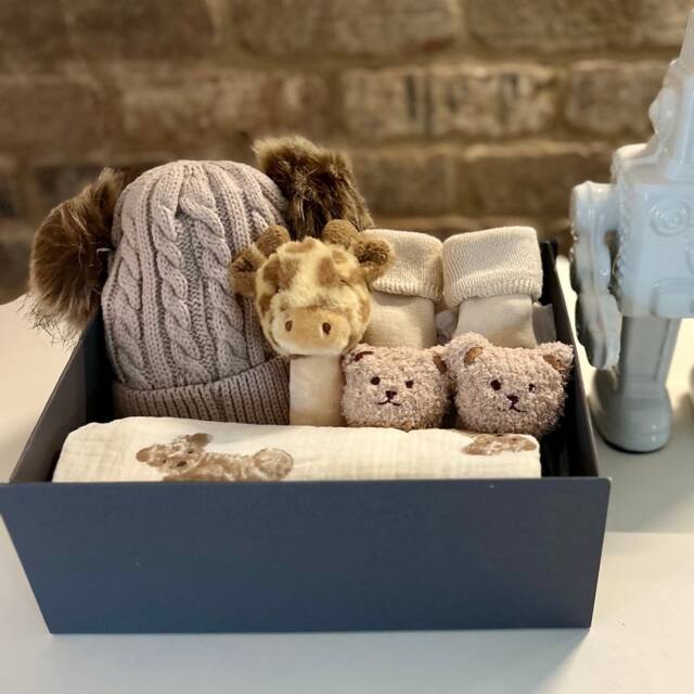 Baby Gift Set. With A Bear Pattern Blanket, Pom Hat, Soft Stick Rattle & Pair Of Socks. Neutral Colourway. Personalise The Box - image 1