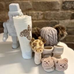 Baby Gift Set. With A Bear Pattern Blanket, Pom Hat, Soft Stick Rattle & Pair Of Socks. Neutral Colourway. Personalise The Box - thumbnail 2