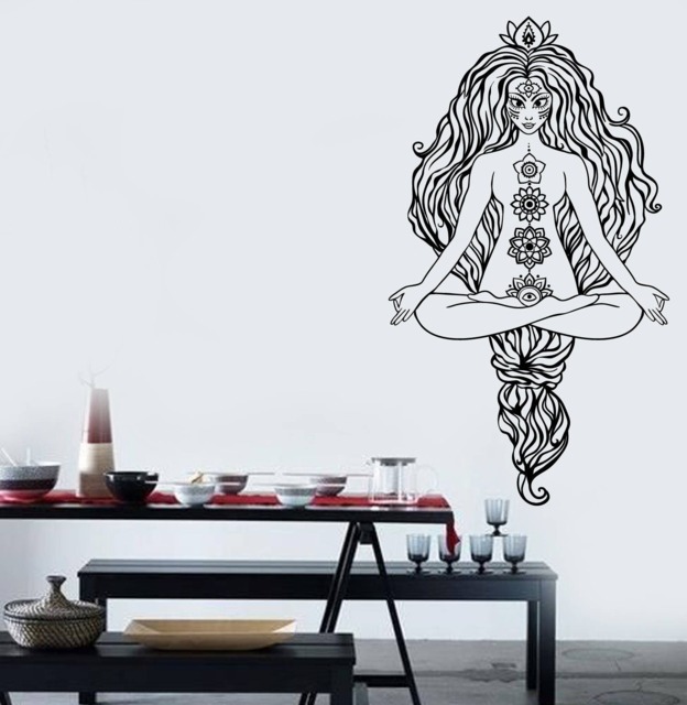 Wall Vinyl Decal Beautiful Girl in Pose Yoga Lotus Gorgeous Hair Mural Art For Decor - #2462Dn - image 1