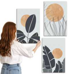 3 Piece Canvas Set - Plant Patterns With Large Suns, Minimalist Style, Orange Wall Art, Plants & Flowers Decor - thumbnail 3
