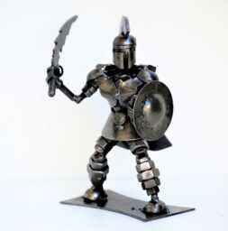 Mini Spartan Warrior Sculpture, Handmade Scrap Metal Figurine, 11Th Anniversary Steel Gift - thumbnail 1