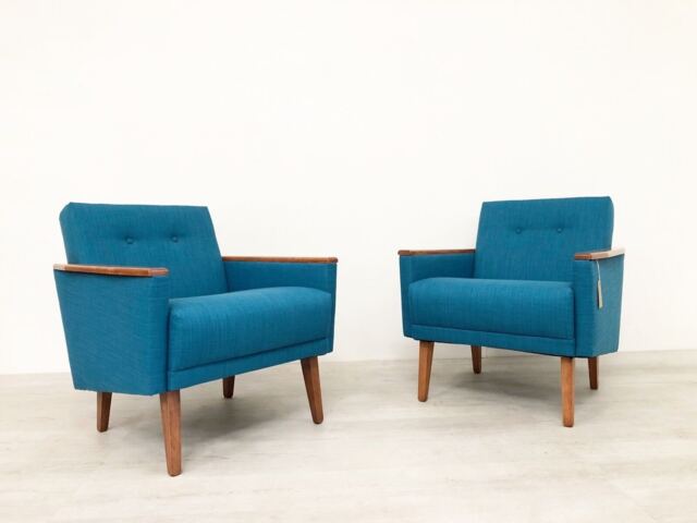 Pair Of Danish Mid Century 50S Inspired Low Back Cocktail Lounge Chairs in Teal Woven Fabric - image 1