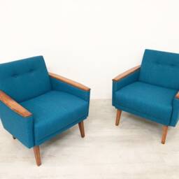 Pair Of Danish Mid Century 50S Inspired Low Back Cocktail Lounge Chairs in Teal Woven Fabric - thumbnail 3