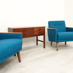 Pair Of Danish Mid Century 50S Inspired Low Back Cocktail Lounge Chairs in Teal Woven Fabric - thumbnail 4
