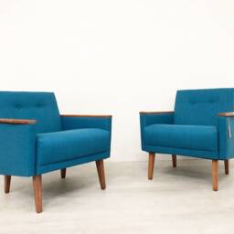 Pair Of Danish Mid Century 50S Inspired Low Back Cocktail Lounge Chairs in Teal Woven Fabric - thumbnail 2