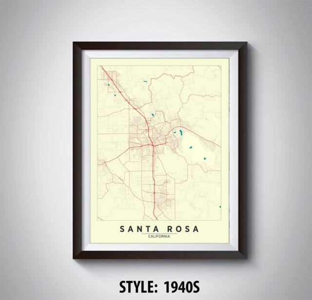 Santa Rosa Ca Map Art Print 1940S Style, Office Wall Decor - image 1