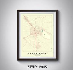 Santa Rosa Ca Map Art Print 1940S Style, Office Wall Decor - thumbnail 1