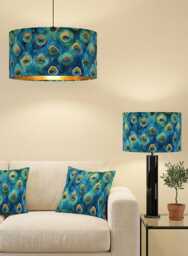 Handmade By Order Teal , Green & Gold Digital Peacock Feathers Pattern Velvet Drum Lamp Shade Pendant Light All Shapes Sizes