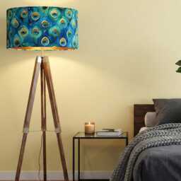 Handmade By Order Teal , Green & Gold Digital Peacock Feathers Pattern Velvet Drum Lamp Shade Pendant Light All Shapes Sizes - thumbnail 2