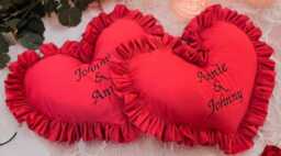 Personalized Red Heart Pillow - Embroidered Ruffle Cushion, Handmade Large & Small Sizes - thumbnail 1