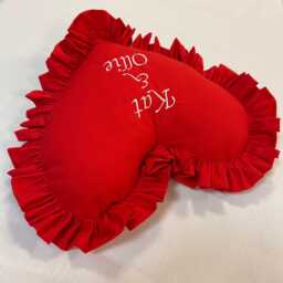 Personalized Red Heart Pillow - Embroidered Ruffle Cushion, Handmade Large & Small Sizes - thumbnail 3