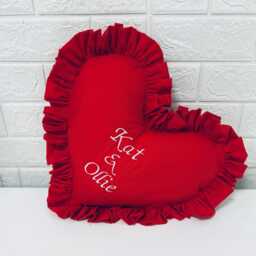 Personalized Red Heart Pillow - Embroidered Ruffle Cushion, Handmade Large & Small Sizes - thumbnail 2
