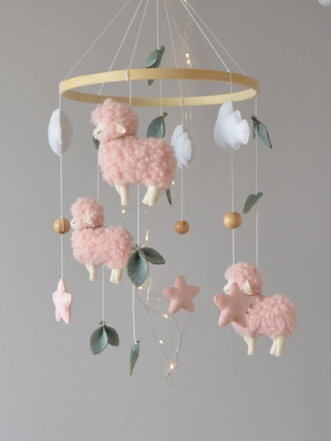 Felt Sheep Baby Mobile, Pink Nursery Decor - image 1