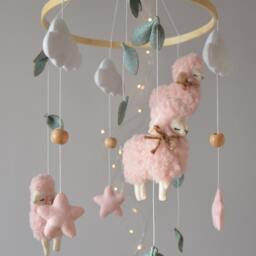 Felt Sheep Baby Mobile, Pink Nursery Decor - thumbnail 3