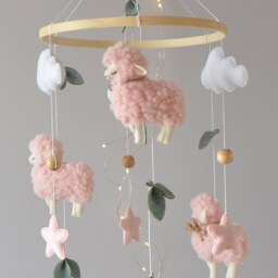 Felt Sheep Baby Mobile, Pink Nursery Decor - thumbnail 2