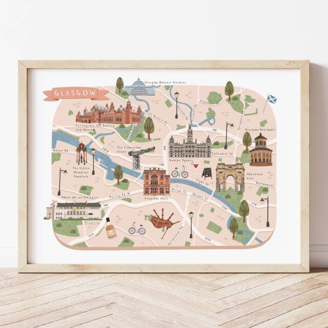 Glasgow Map, Illustrated Map Of Glasgow, Poster, Print, Art, Illustration, Gift, Travel - image 1