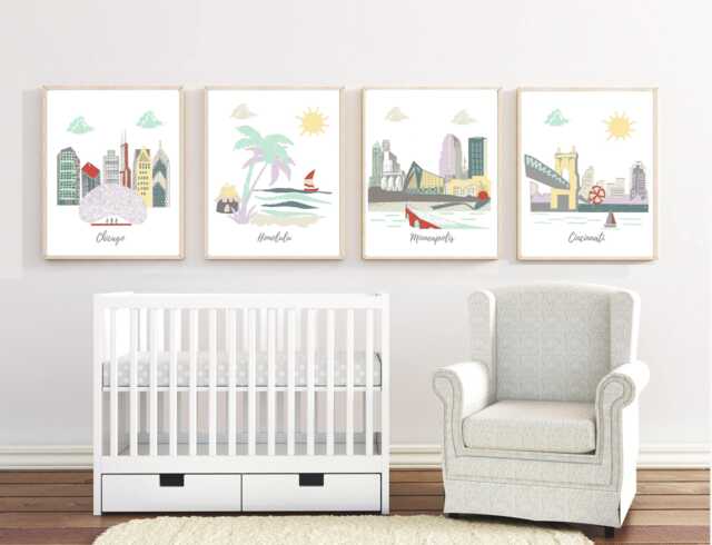 Travel Theme Nursery Art Prints Chicago, Honolulu, Minneapolis, Cincinnati - image 1