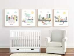 Travel Theme Nursery Art Prints Chicago, Honolulu, Minneapolis, Cincinnati - thumbnail 1