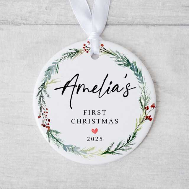 Baby First Christmas Bauble - Ceramic Winter Wreath Ornament Baby's 1st Xmas Personalised Decoration Shower Parents Gift - image 1