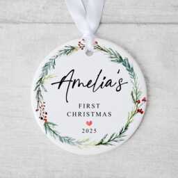 Baby First Christmas Bauble - Ceramic Winter Wreath Ornament Baby's 1st Xmas Personalised Decoration Shower Parents Gift - thumbnail 1