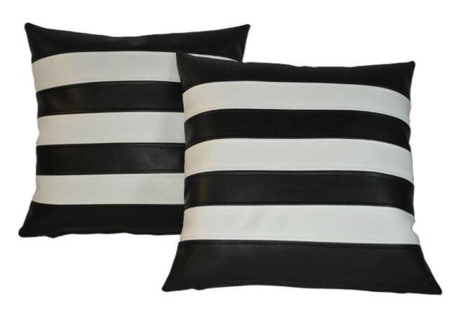 "2 Black & White Horizontal Stripe Faux Leather Cushion Covers 18"" 20" - image 1