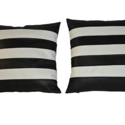 "2 Black & White Horizontal Stripe Faux Leather Cushion Covers 18"" 20" - thumbnail 3