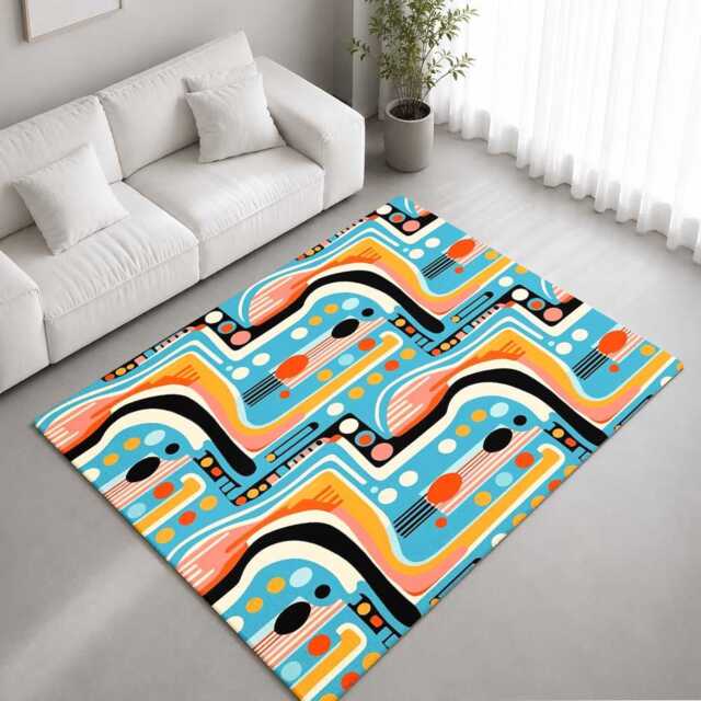 Aqua Orange Retro Curved Abstract Rug Non-Slip Soft Area Carpet Bedroom Living Room Hallway Mat Decor - Made in UK - image 1