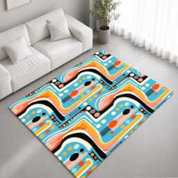Aqua Orange Retro Curved Abstract Rug Non-Slip Soft Area Carpet Bedroom Living Room Hallway Mat Decor - Made in UK - thumbnail 1